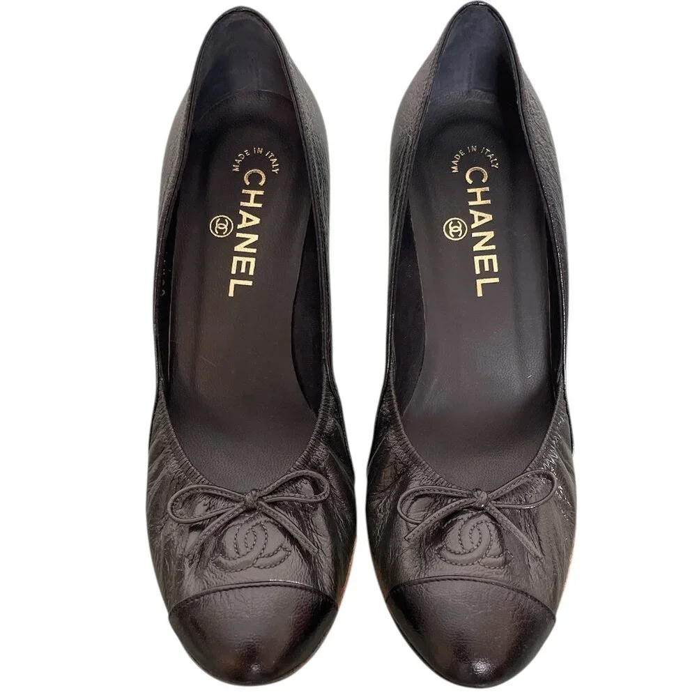 CHANEL Classic CC Logo Cap Toe Bow Elastic Pumps Heels \\ 37.5